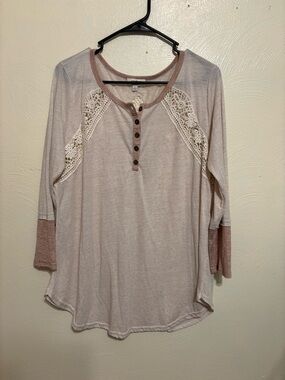 Umgee Blush Henley with Cream Crochet Shoulder Panels and Mauve Contrast Cuffs